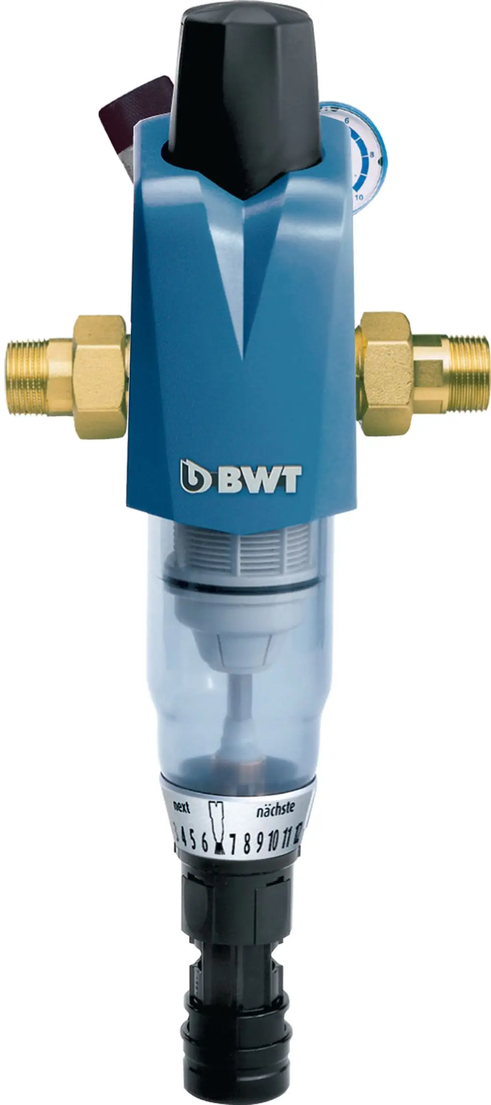 BWT-Filter mit transparentem Gehäuse, zwei seitlichen Anschlussstellen und einstellbarem Regler, zur Wasserfilterung in Rohren montiert.